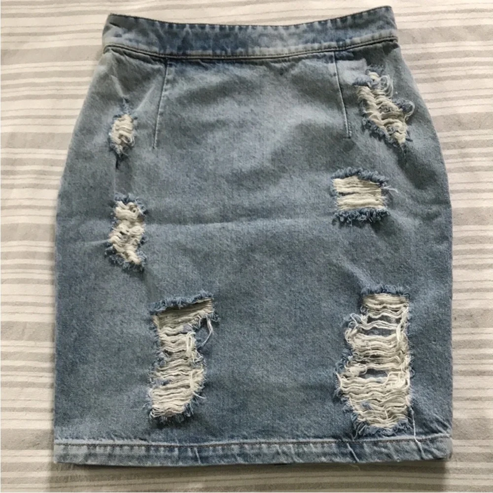 IRO distressed ripped denim jean pencil skirt